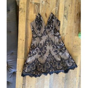 fit & flare mini dress with black lace overlay